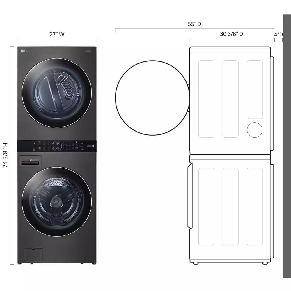 LG WKGX201HBA 27 Inch Smart Gas Single Unit WashTower with 4.5 cu. ft. Washer Capacity, 7.4 cu. ft. Dryer Capacity, TurboWash™360° Technology, LG ThinQ® Technology, AI Fabric Sensor, Black Steel