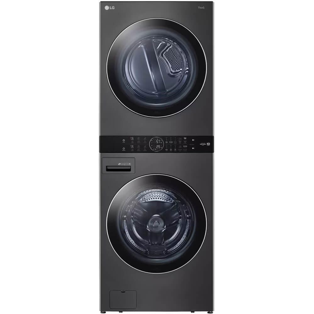 LG WKGX201HBA 27 Inch Smart Gas Single Unit WashTower with 4.5 cu. ft. Washer Capacity, 7.4 cu. ft. Dryer Capacity, TurboWash™360° Technology, LG ThinQ® Technology, AI Fabric Sensor, Black Steel