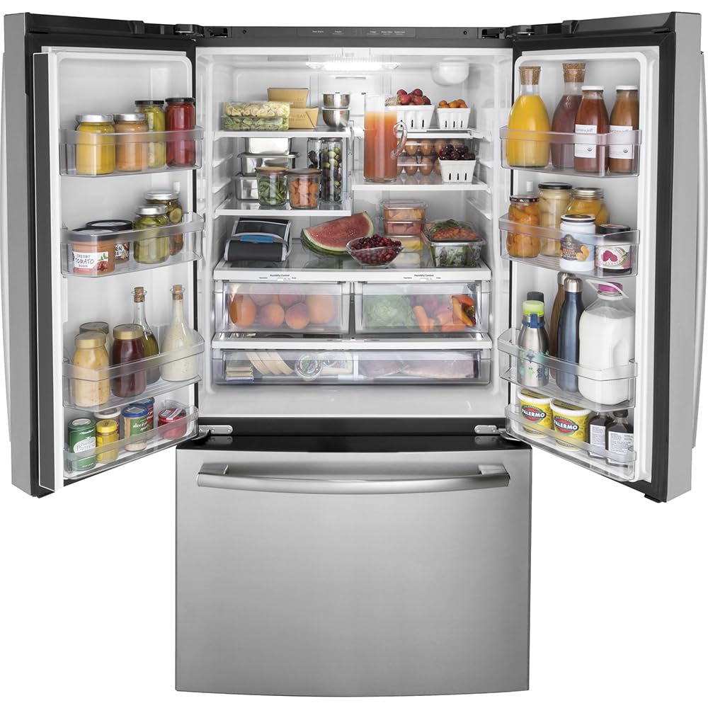 GE GNE27JYMFS 36" French Door Refrigerator with 27 cu. ft. Total Capacity Energy Star LED Lighting Internal Water Dispenser Spill-Proof Shelves in Fingerprint Resistant Stainless Steel